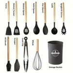 Set 12 Utensilios De Cocina Silicona Mango Madera Menta — foto 3
