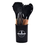 Set 12 Utensilios Cocina Silicona Mango Madera Negro — foto 1