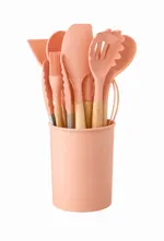 Set 12 Utensilios Cocina Silicona Mango Madera Durazno — foto 1