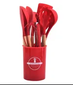 Set 12 Utensilios Cocina Silicona Mango Madera Rojo — foto 1