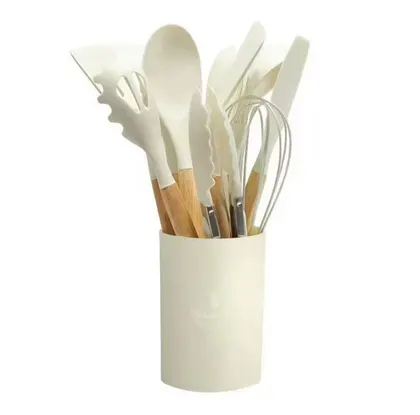 Set 12 Utensilios Cocina Silicona Mango Madera Amarillo
