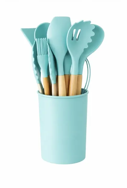 Set 12 Utensilios Cocina Silicona Mango Madera Azul Cielo