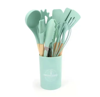 Set 12 Utensilios De Cocina Silicona Mango Madera Menta