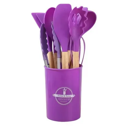 Set 12 Utensilios Cocina Silicona Mango Madera Morado