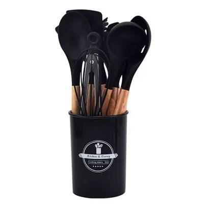 Set 12 Utensilios Cocina Silicona Mango Madera Negro