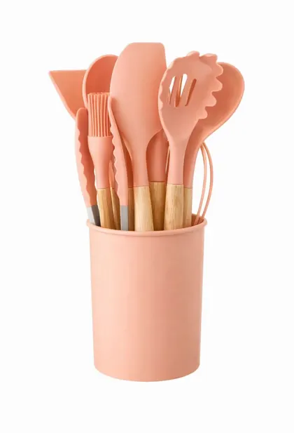 Set 12 Utensilios Cocina Silicona Mango Madera Durazno