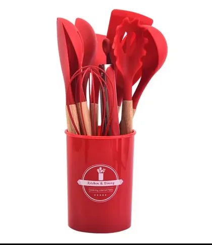 Set 12 Utensilios Cocina Silicona Mango Madera Rojo