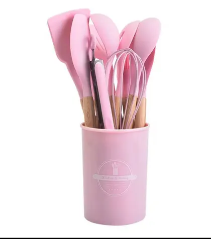 Set 12 Utensilios De Cocina Silicona Mango Madera Rosa