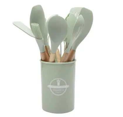Set 12 Utensilios Cocina Silicona Mango Madera Verde Olivo