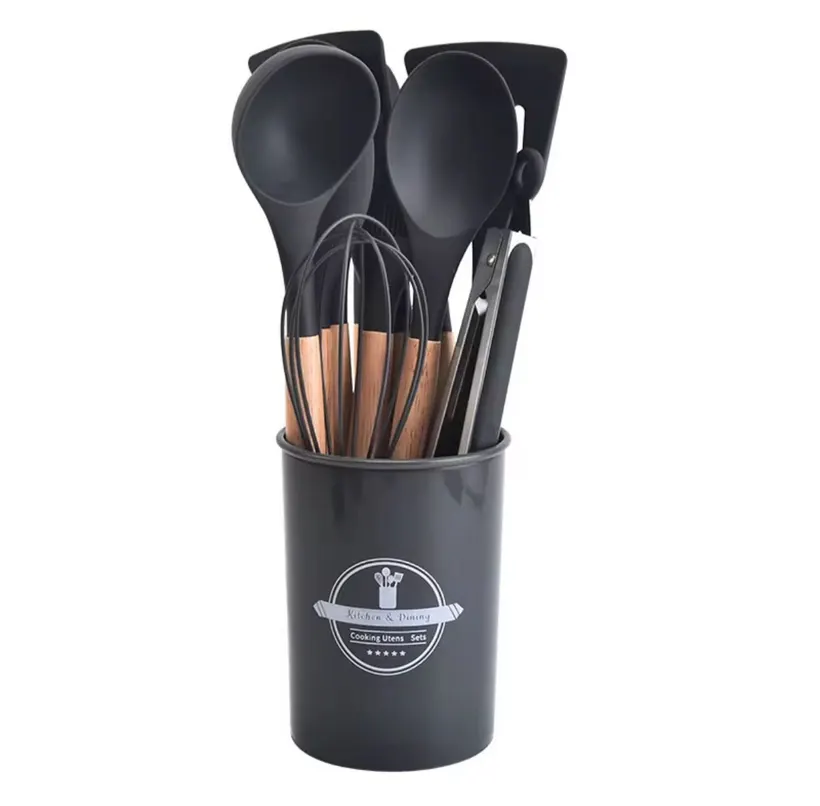 Set 12 Utensilios Cocina Silicona Mango Madera Gris