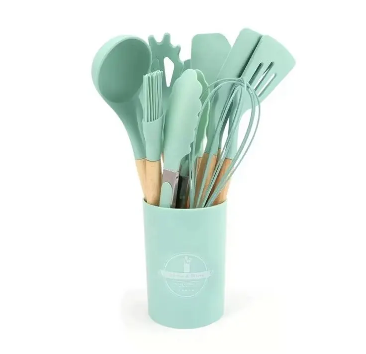 Set 12 Utensilios De Cocina Silicona Mango Madera Menta