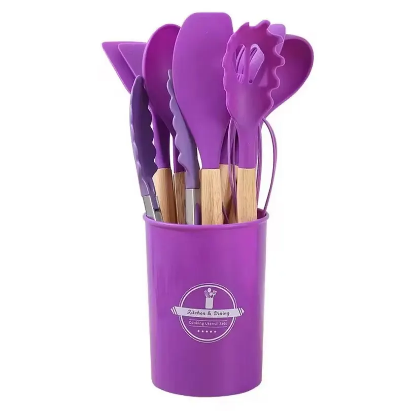Set 12 Utensilios Cocina Silicona Mango Madera Morado