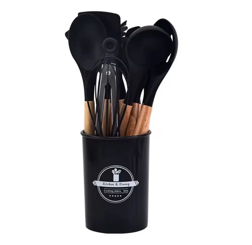 Set 12 Utensilios Cocina Silicona Mango Madera Negro