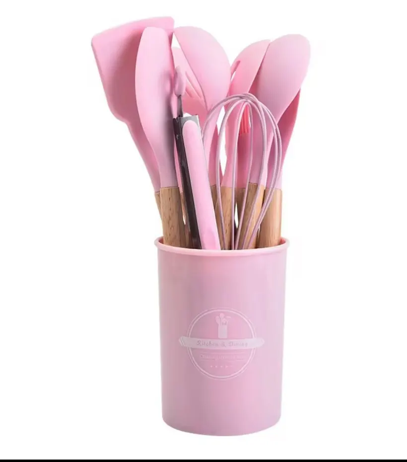 Set 12 Utensilios De Cocina Silicona Mango Madera Rosa